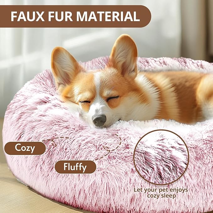 JOLLYVOGUE Small Dog & Cat Beds for Indoor Cats, Donut Cuddler Warming Soft Dog Beds with Anti-Slip Bottom, Round Calming Fluffy Plush Faux Fur Cushion Bed for Medium Dogs (31", Smoke Pink)