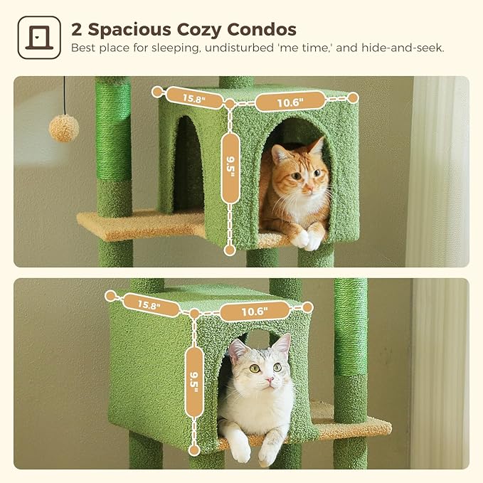 62" Cat Tree for Indoor Cats, Multi-Level Cat Tower for Large Cats with Scratching Posts, 2 Spacious Plush Condos, Padded Perch, Soft Cat Bed, Scratching Pad & 2 Pompoms, Green