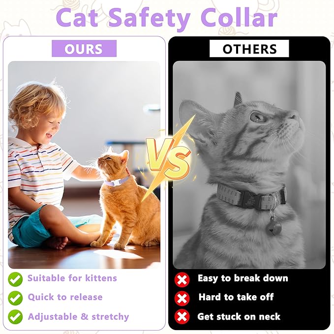 Elastic Cat Collar, Stretch Cat Collar Quick Release, Bright Colors Safety Kitten Collar Adjustable Collar for Kittens, Lightweight Soft Polyester Collars for Boy Girl Cats (Purple,M)