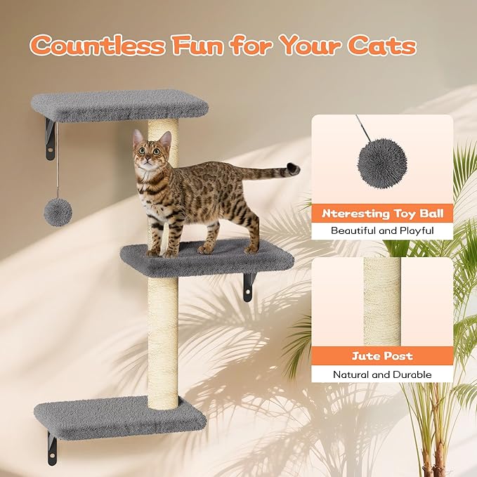 6-in-1 Wall Mounted Cat Climber Set for Heavy Cats,Wall Shelves,Stable & Safe Cat Furniture Set for Large Cats, Wooden Climbing Wall with Scratching Post(Black)