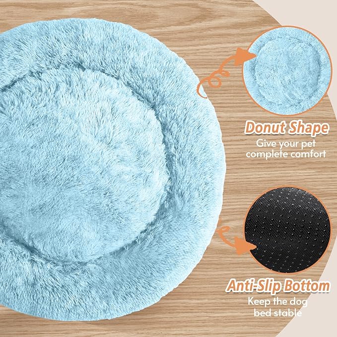 JOLLYVOGUE Small Dog & Cat Beds for Indoor Cats, Donut Cuddler Warming Soft Dog Beds with Anti-Slip Bottom, Round Calming Fluffy Plush Faux Fur Cushion Bed for Small Dogs (23", Light Blue)