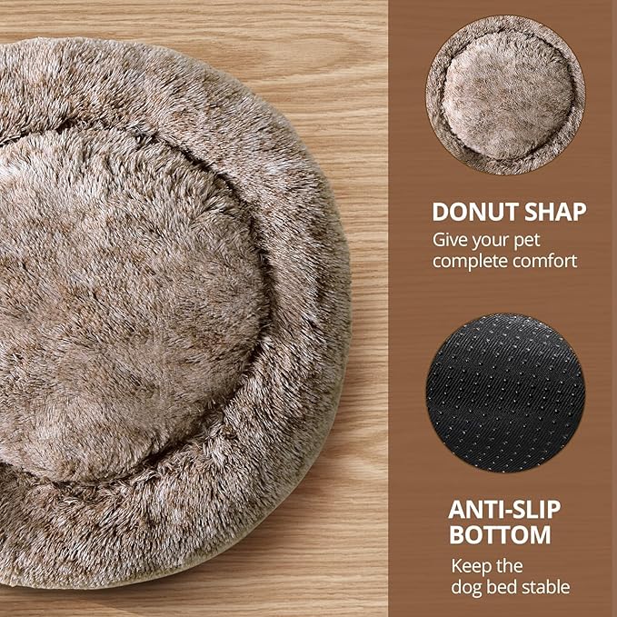 JOLLYVOGUE Small Dog & Cat Beds for Indoor Cats, Donut Cuddler Warming Soft Dog Beds with Anti-Slip Bottom, Round Calming Fluffy Plush Faux Fur Cushion Bed for Small Dogs (23", Smoke Brown)