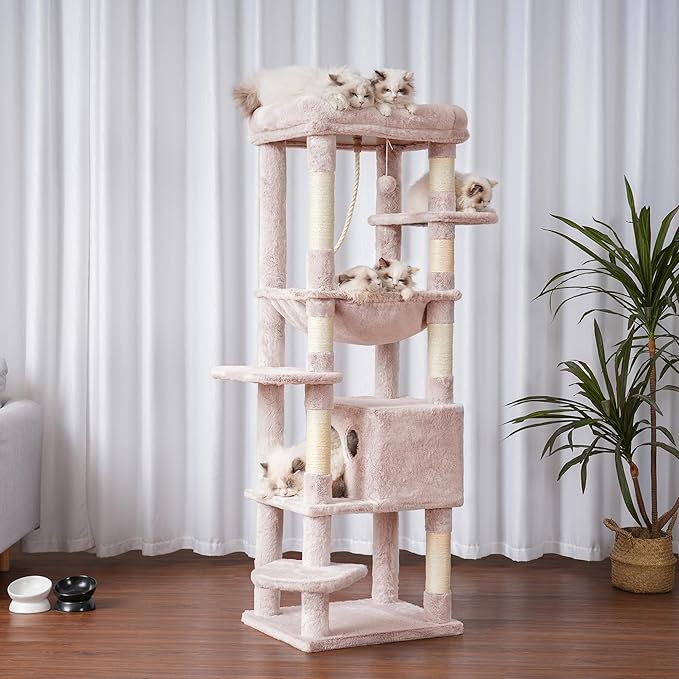 Heybly Cat Tree for Large Cats 20lbs Heavy Duty,60 inches XXL Cat Tower for Indoor Cats, Multi-Level Furniture Condo with Big Padded Plush Perch, Cozy Basket, Muchroom HCT050MU