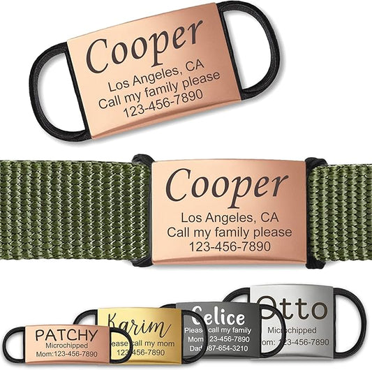 Anavia Slide On Silent Pet ID Tags, S/M/L/XL Personalized Stainless Steel Cat Dog Tag with Elastic Fabric Band, Engraved Nameplate Quiet Chew-Proof Pet Collar Tag (Rose Gold, X-Large)