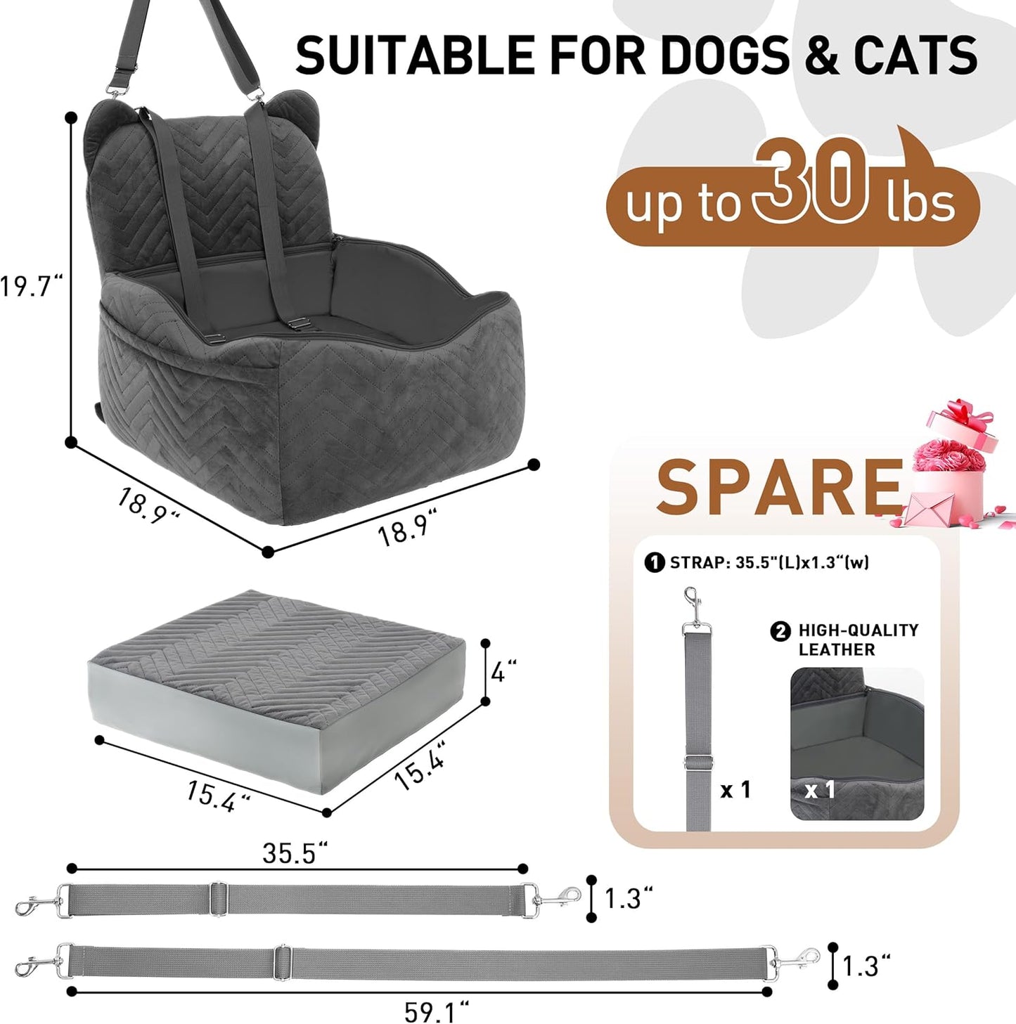 Dog Car Seat Booster with Waterproof Cover, Memory Foam, Small/Medium Dog Bed for Car Back Seat for Travel, Grey, 2 Safety Belt