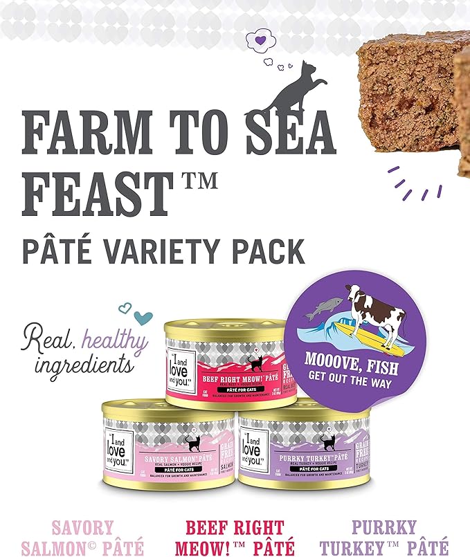 I AND LOVE AND YOU Naked Essentials Canned Wet Cat Food - Variety Pack: Beef Recipe, Salmon+Chicken Recipe, Turkey Recipe, 3-Ounce, Pack of 12 Cans, variety pack pate; beef, salmon, turkey