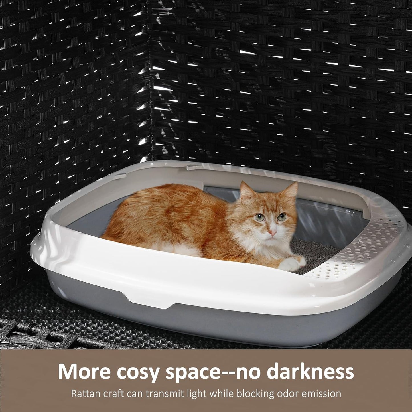 Cat Litter Box Enclosure with Soft Litter Mat; Hidden Cat Washroom Furniture with Door; Handwoven Rattan Cat House with Large Space; Pet Crate for Living Room, Bedroom, Balcony (Black)
