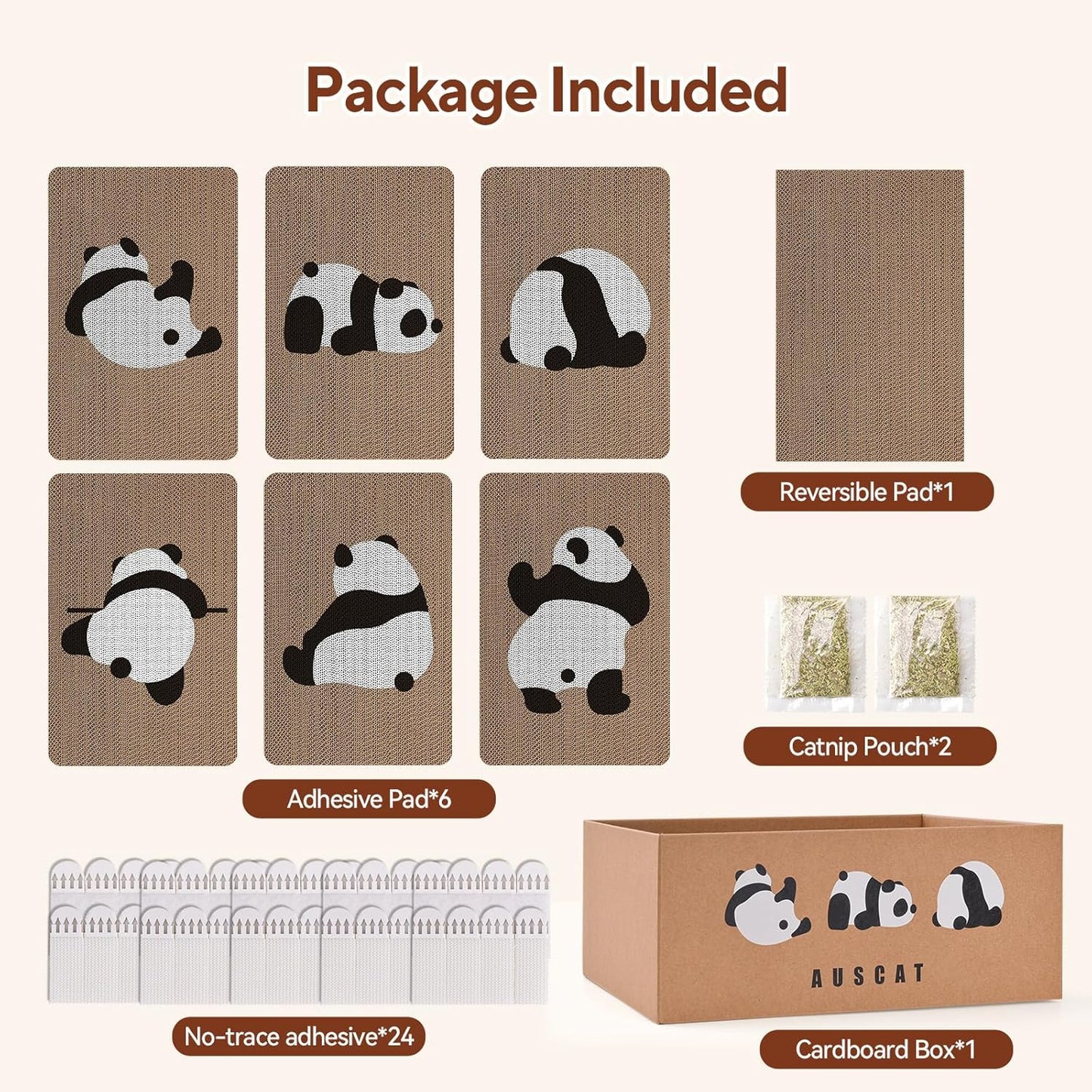 AUSCAT Cardboard Cat Wall Scratcher, 7 cat Scratching Boards with Box, Wall Mounted Cat Scratching Pads for Indoor Cats, Furniture Protector, 14.5" x 9.3", Panda Pattern
