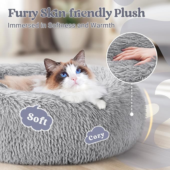 rabbitgoo Cat Beds for Indoor, 20 inches Machine Washable, Fluffy Round Pet Bed Non-Slip, Calming Soft Plush Donut Cuddler Cushion Self Warming for Small Dogs Kittens, Light Grey, Medium