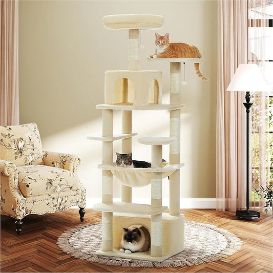 Cat Tree for Indoor Cats, 64.5" Tall Cat Tower with 2 Cozy Condos, Scratching Posts, Large Hammock and Dual Padded Perches, Multi-Level Activity Center for Large Cats, Beige