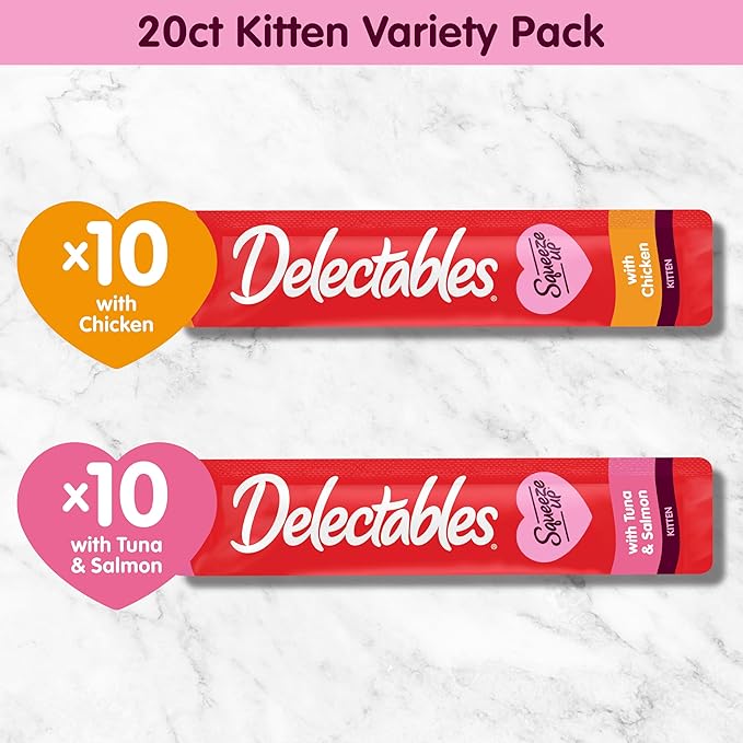 Delectables Squeeze Up Kitten Variety Pack, Creamy Squeezable Puree, Lickable Wet Cat Treats, Grain Free, No Added Fillers, No By-Products, No Added Preservatives, 0.5 Ounces Tube, 20 Tubes Total