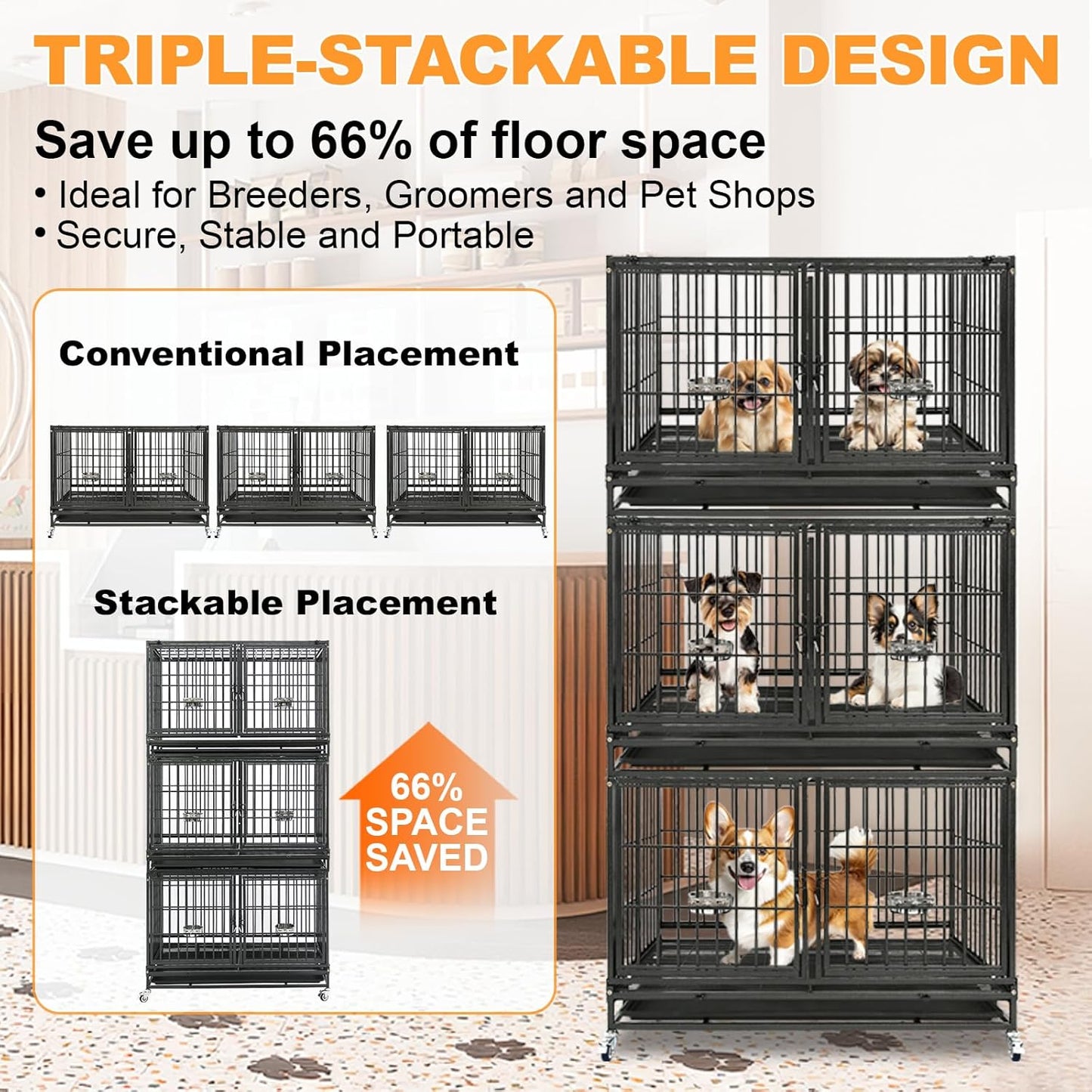 Homey Pet 2 Pack Three Tiers 43 inch Stackable Heavy Duty Dog Crate with Wheels, Indestructible Steel Dog Cage Kennel Indoor with Detachable Divider, Trays, Feeding Bowls, Escape Proof Locks