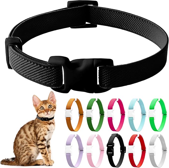 Elastic Cat Collar, Stretch Cat Collar Quick Release, Bright Colors Safety Kitten Collar Adjustable Collar for Kittens, Lightweight Soft Polyester Collars for Boy Girl Cats (Black,L)