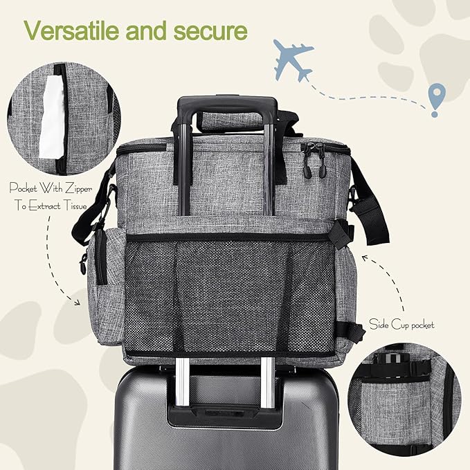 Dog Travel Bag,Weekend Pet Travel Bag Set for Dog and Cat,Airline Approved Tote Multi-Function Dog Bags for Traveling,Include 2 Collapsible Bowls,2 Food Storage Containers,1 Feeding Mat,Gray