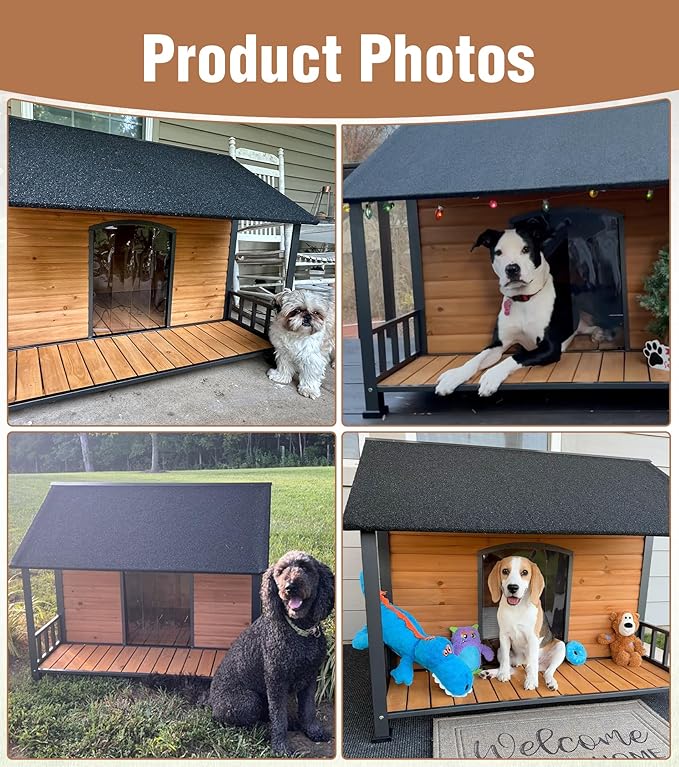 Extra Large Dog House Outdoor for Large Dogs, Insulated Dog House with Metal Frame, Waterproof Dog Shelter with Asphalt Roof, PVC Curtain & Multifunctional Patio, Indoor Outdoor Use