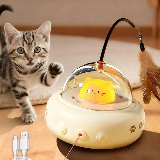 2 in 1 Rechargeable Interactive Cat Toys for Indoor Cats Self Play, Automatic Kitten Toys with Feather Wand and Laser Pointer for Cat Gifts (Cream Coffee)