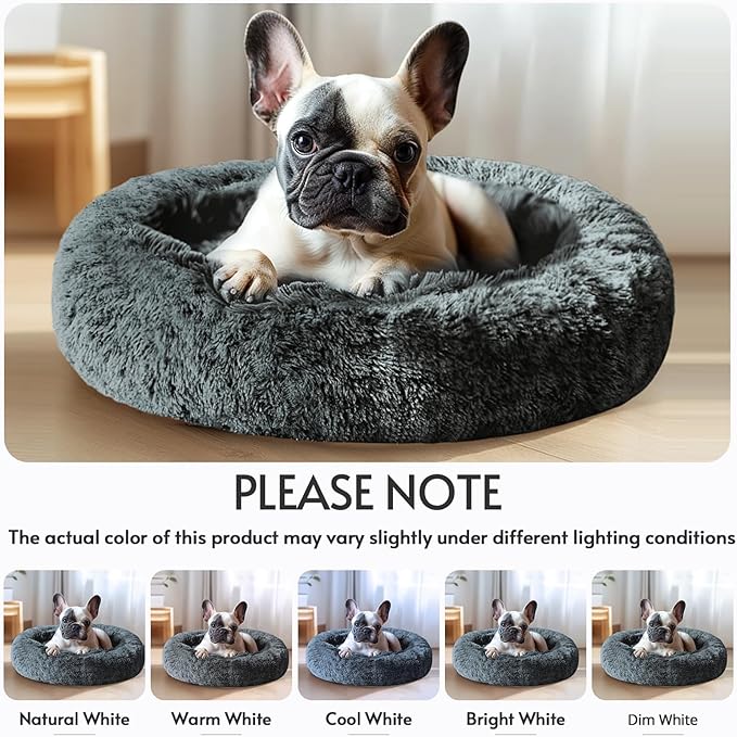 JOLLYVOGUE Small Dog & Cat Beds for Indoor Cats, Donut Cuddler Warming Soft Dog Beds with Anti-Slip Bottom, Round Calming Fluffy Plush Faux Fur Cushion Bed for Small Dogs (20")