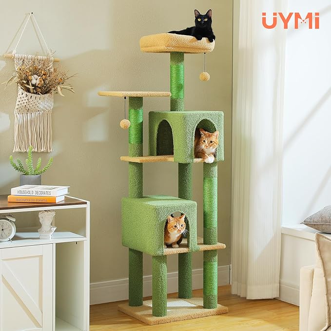 62" Cactus Cat Tree for Indoor Cats, Multi-Level Cat Tower with 2 Spacious Condos, Dual Top Perches, Scratching Pad, 4 Scratching Posts, 2 Pompoms, Green