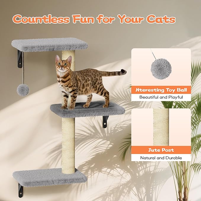 6-in-1 Wall Mounted Cat Climber Set for Heavy Cats，Wall Shelves,Stable & Safe Cat Furniture Set for Large Cats, Wooden Climbing Wall with Scratching Post（ Gray）