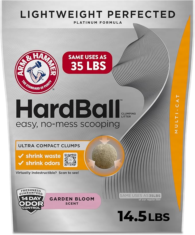 ARM & Hammer Hardball Lightweight Platinum Multi-Cat Clumping Cat Litter Odor Control, Easy No-Mess Scooping, Garden Bloom Scent, 14.5 Lbs.