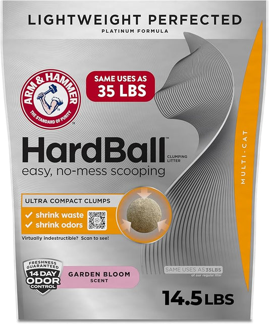 ARM & Hammer Hardball Lightweight Platinum Multi-Cat Clumping Cat Litter Odor Control, Easy No-Mess Scooping, Garden Bloom Scent, 14.5 Lbs.