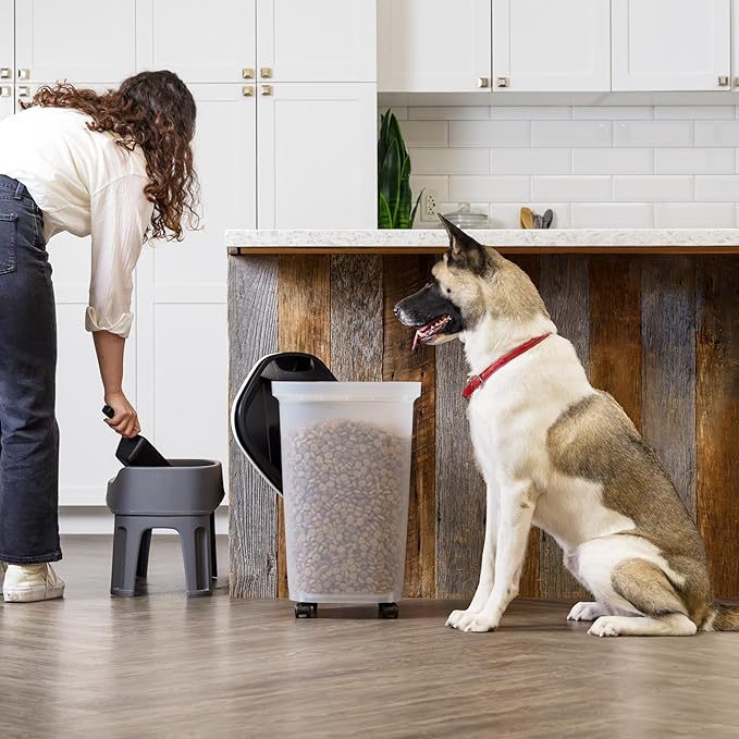 IRIS USA Pet Food Storage Container 25 lbs, Premium 60% Improved Airtight Seal with Air Valve, 2 Cup Scoop, Removable Wheels, Easy to Open - Made in the USA, Black