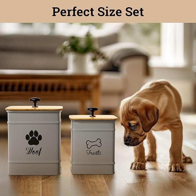 Dog Treat Container Airtight Set of 2 - 8x6 & 7x5 inch Iron Dog Treat Jars for Kitchen Counter with Airtight Bamboo Lids - 20 Cup Capacity Pet Treat Container Set - Doggie Cookie Jar - Treats Canister