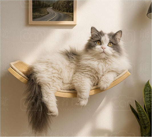 Wood Cat Wall Bed with Sisal Mat – Curved Cats Shelf for Scratching and Sleeping, Wall Mounted Cat Furniture for Large Cats