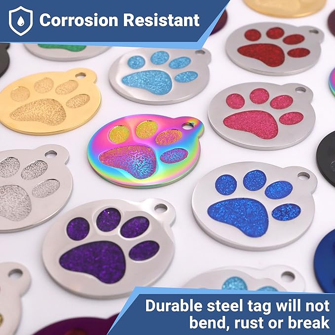 GoTags Paw Print Round Stainless Steel Pet Tag for Dogs and Cats, Personalized with 4 Lines of Custom Engraved ID with Silencer, in Stainless Steel and 15 Colors Small and Large, Glitter Green