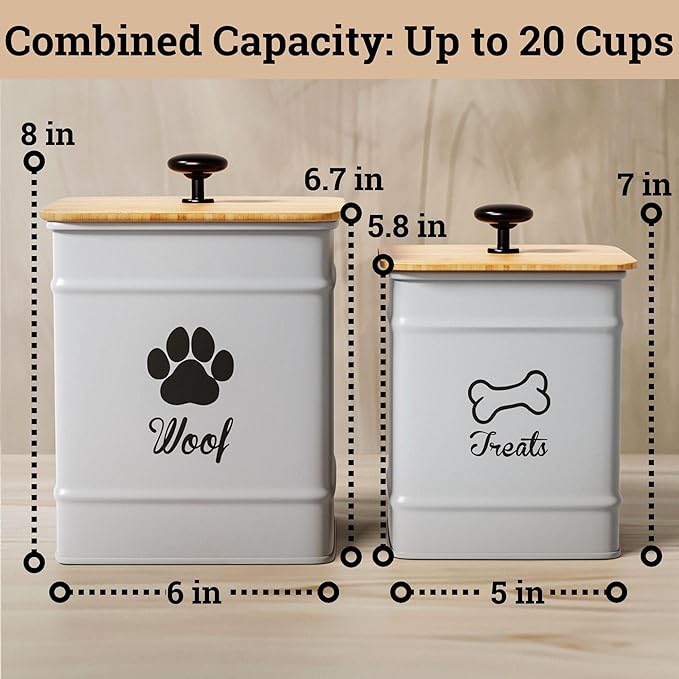 Dog Treat Container Airtight Set of 2 - 8x6 & 7x5 inch Iron Dog Treat Jars for Kitchen Counter with Airtight Bamboo Lids - 20 Cup Capacity Pet Treat Container Set - Doggie Cookie Jar - Treats Canister