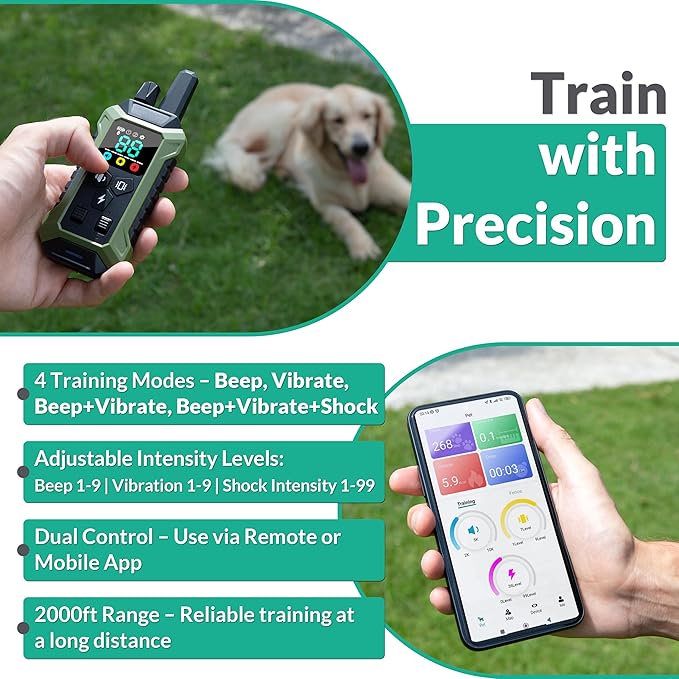 GPS Wireless Dog Fence System Collar – 2-in-1 Remote or App Controlled Boundary and Training GPS Dog Collar with 4 Training Modes - Covers up to 7000 Ft (3533 Acres)