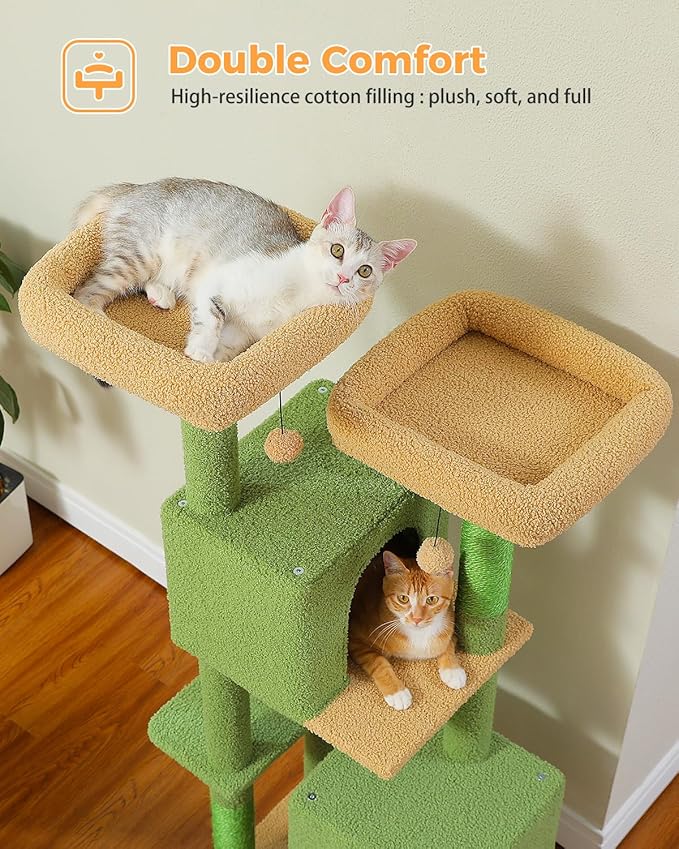 52.4" Cactus Cat Tree, Cute Cat Tower for Indoor Cats with 2 Padded Perches, 2 Cozy Condos & Sisal Scratching Posts, Green
