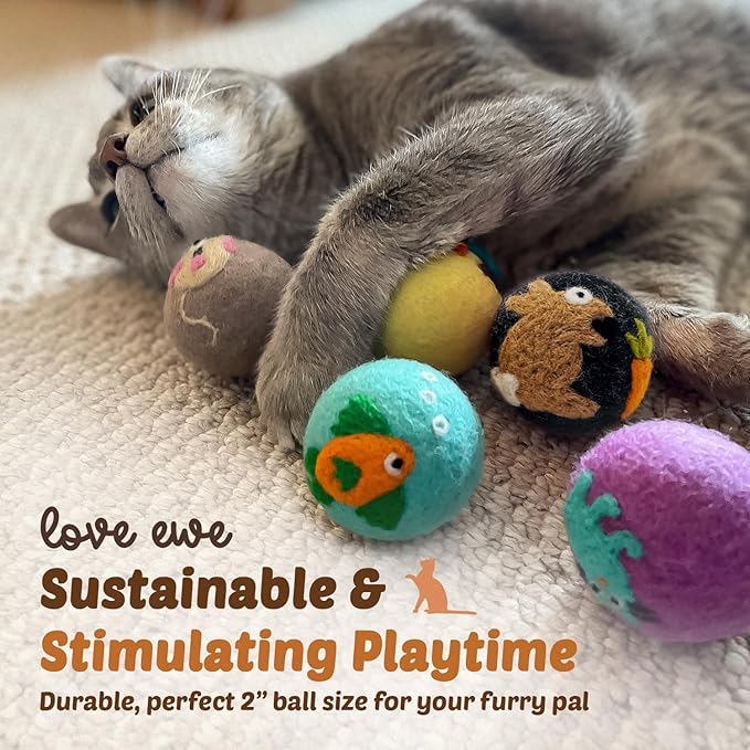 Hustle & Blush Wool Felt Balls - 3 Pack Love Ewe Pet Supplies – 2in Colorful & Durable Cat Toys Handmade from New Zealand, Ideal for Indoor Play and Mental Stimulation – Cat & Mouse Design