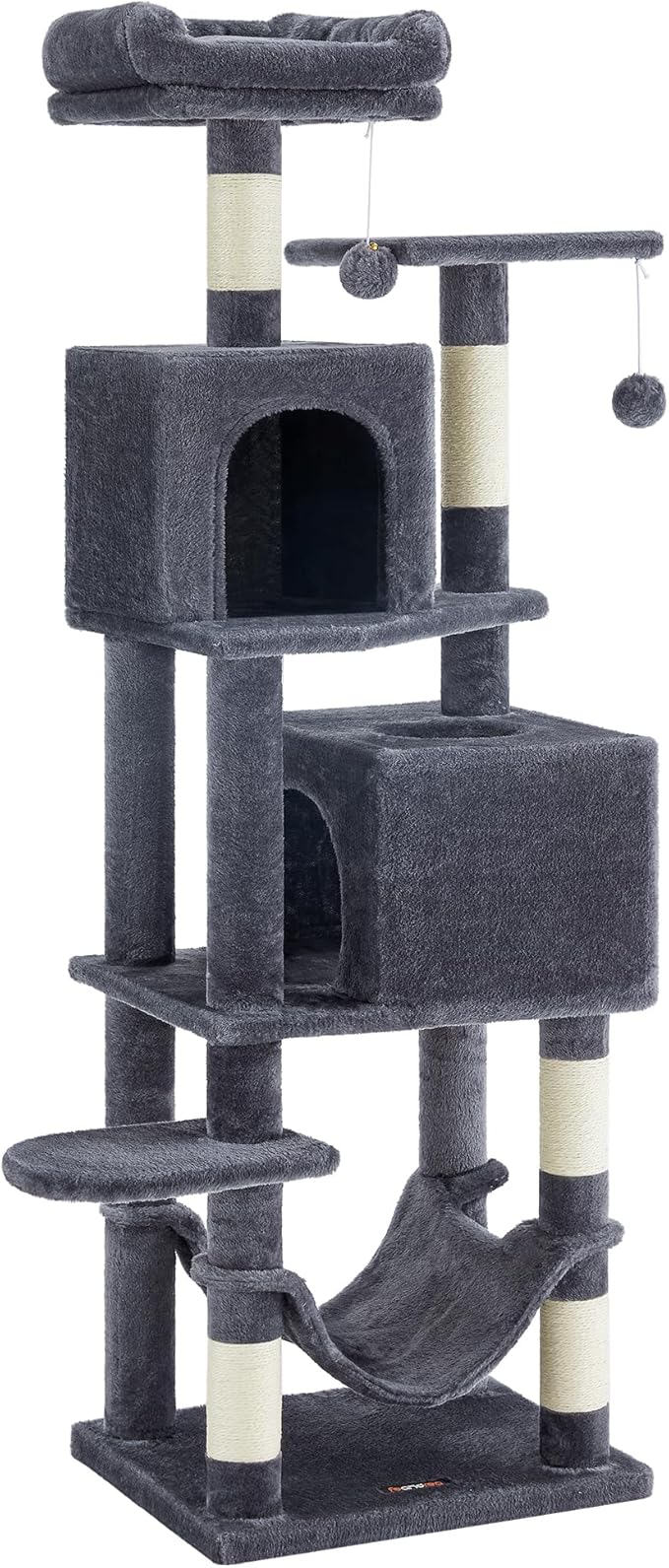Feandrea Cat Tree, 61-Inch Cat Tower for Indoor Cats, Plush Multi-Level Cat Condo with 5 Scratching Posts, 2 Perches, 2 Caves, Hammock, 2 Pompoms, Smoky Gray UPCT192G01