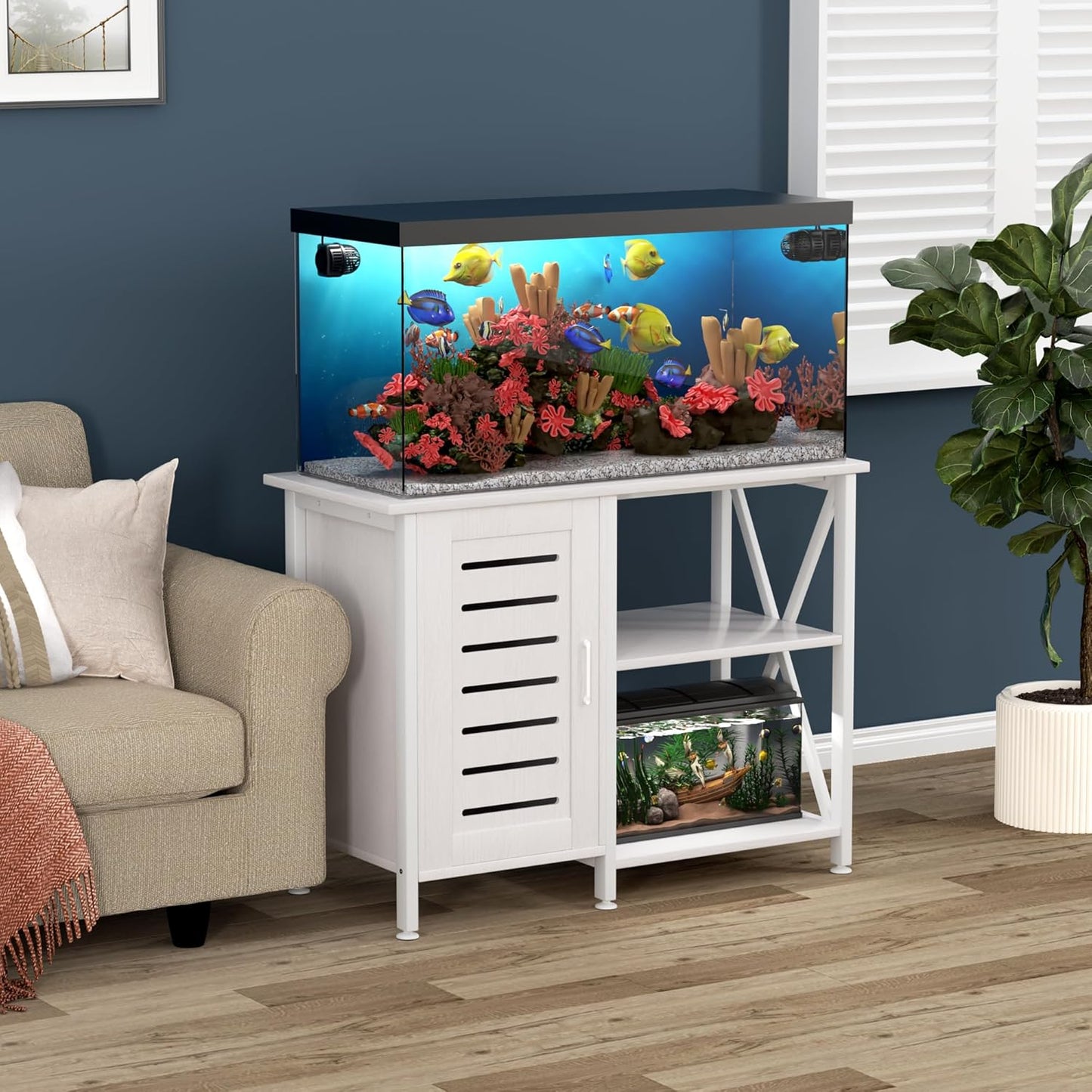 40-50 Gallon Fish Tank Stand, Aquarium Stand with Cabinet Accessories Storage, Heavy Duty Metal Frame, 40.55" L*18.89" W Tabletop, 850LBS Capacity, White PG02YGW