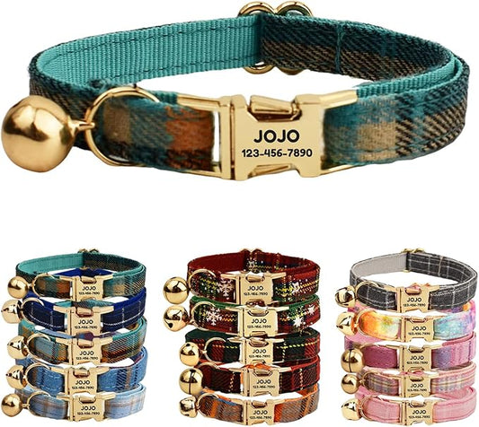 Plaid Polyester Personalized Cat Collar with Name & Owner Phone, Customizable Laser-Engraved, Charming Bell, Metal Buckle for Kittens and Cats - Matching Leash Available (Style-O)