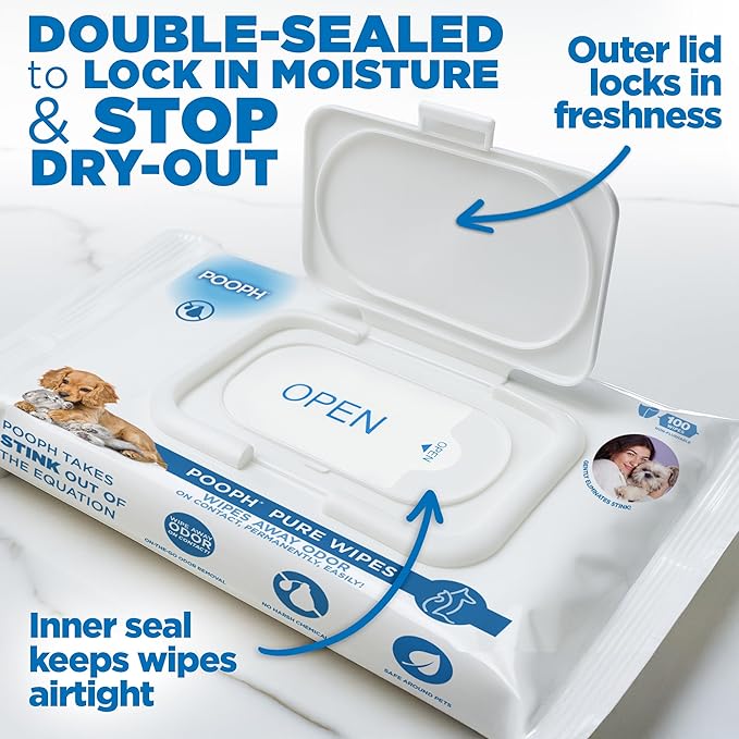 POOPH® Pure Wipes™ – 100 Count Pack – Gentle, Fast Odor-Elimination – NO Fragrances, NO Harsh Chemicals – Cleans Paws, Butt, Ears, Face, Fur – Perfect for Cars, Crates, All Surfaces