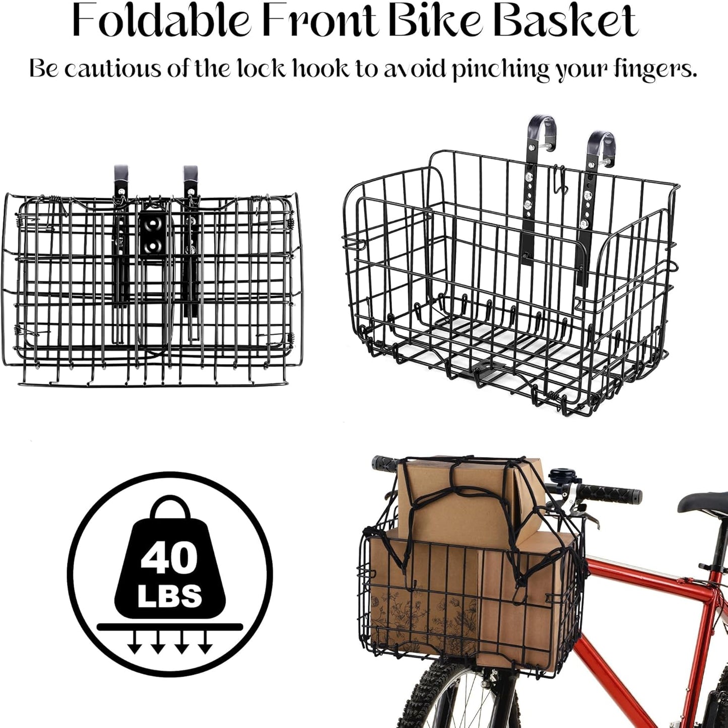 Aodaer Bike Basket with Removable Liner Bag Cargo Net Large Folding Bike Basket Quick Release Metal Ebike Basket Bicycle Storage Basket for Carrying Fruit & Grocery Pets Dogs