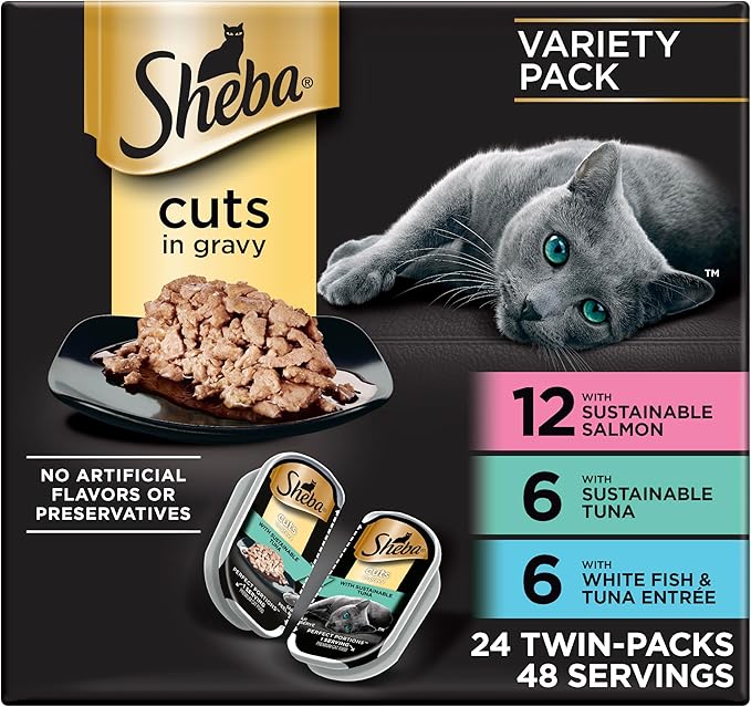 Sheba Perfect Portions Wet Cat Food Cuts in Gravy, with Sustainable Salmon, with Sustainable Tuna, and Delicate White Fish & Tuna, 2.6 oz. Twin-Pack Trays (24 Count, 48 Servings)
