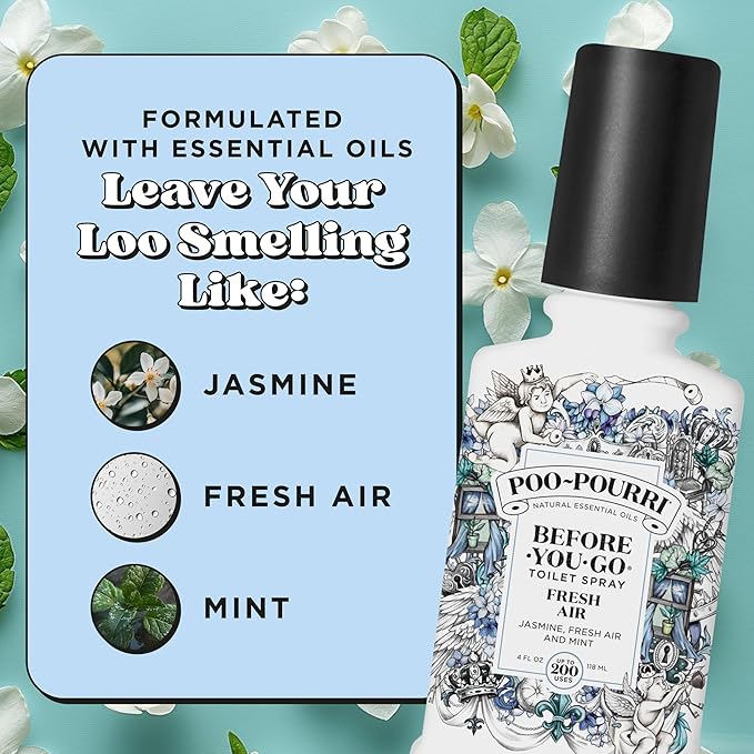 Poo-Pourri Before-You-Go Toilet Spray, Fresh Air, 4 Fl Oz, Up to 200 Uses, Bathroom Odor Deodorizer , Plant-Based with Essential Oils, for Home or Work, Jasmine, Fresh Air and Mint Scent
