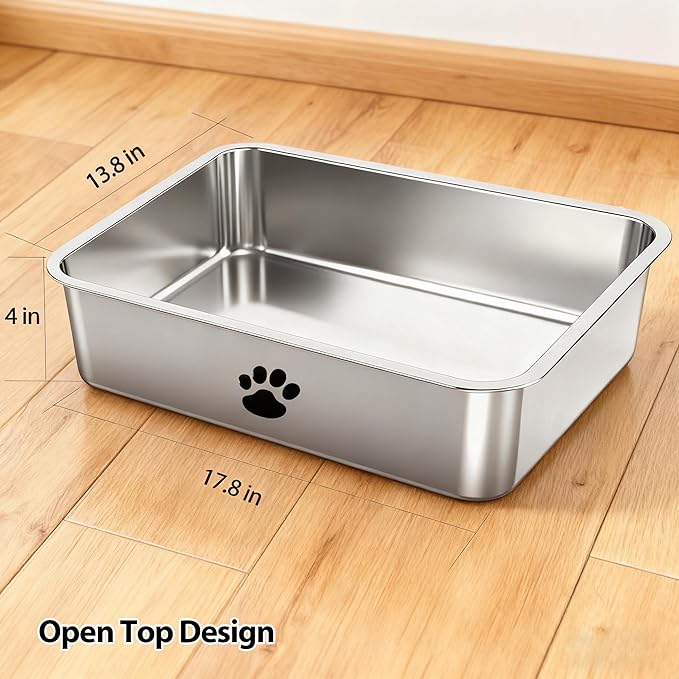 Stainless Steel Litter Box, Metal Cat Litter Pans-4“ Height Low Entry Indoor Pet Toilet Supplies for Kitty, Kitten, Rabbit, Puppy,No Stick Easy Clean-No Smell