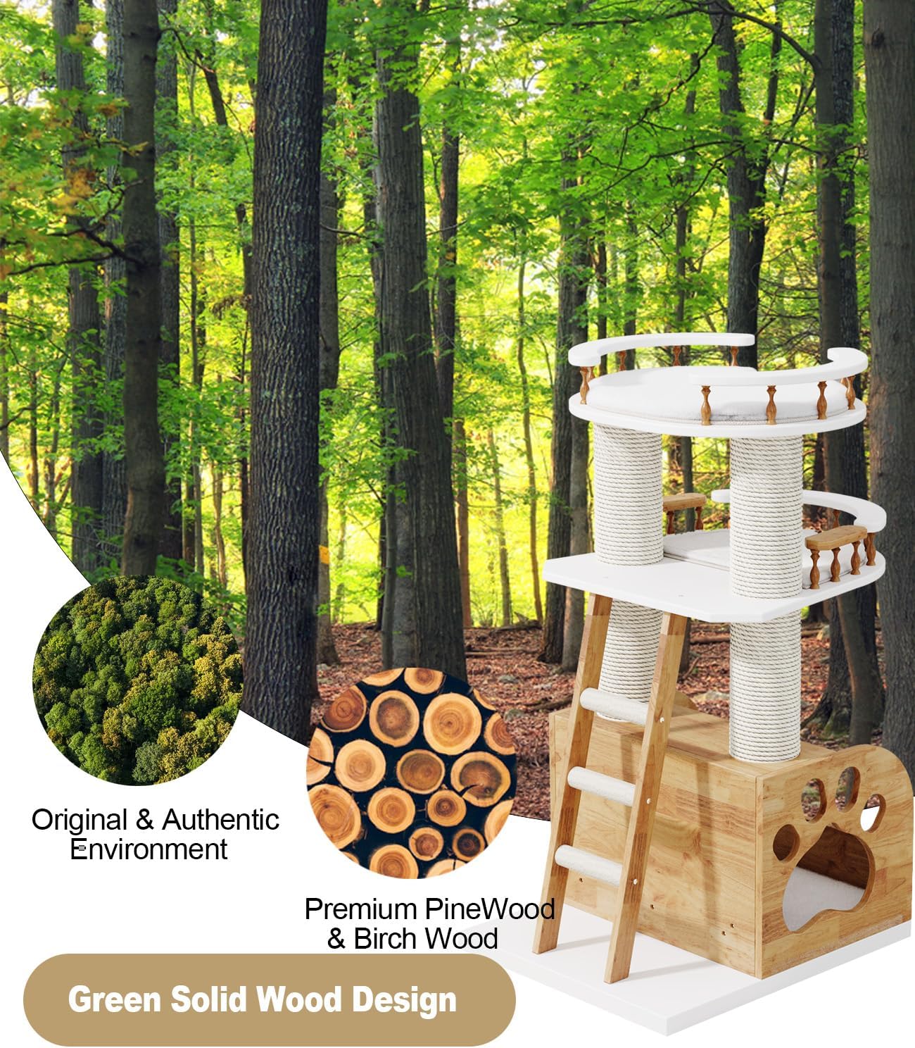 Modern Cat Tree, Solid Wooden Cats Tower, 37" Luxury Cats Trees Condo for Large Cat, Multi-Level Cat Tree Tower Natural Cat House Furniture, with Scratching Posts, Removable Washable Cushions