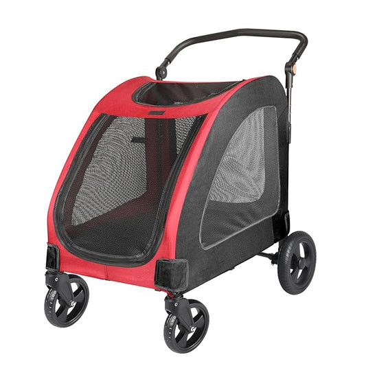 Large Dog Travel Stroller with 4 Heavy Duty Wheels Pet Stroller with Adjustable Handle - Double Doggie Capacity Jogger Wagon with Back Front Door for Small Medium Large Dogs (Red-Black)