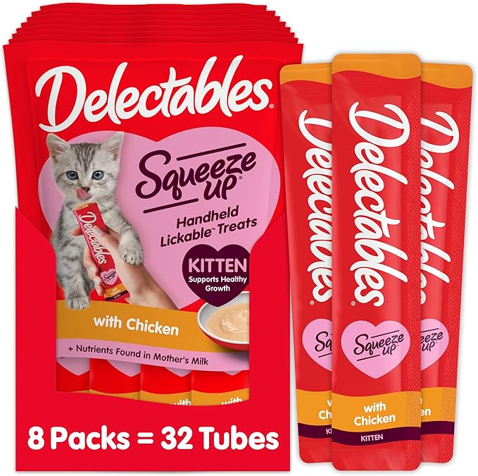 Hartz Delectables Squeeze Up Kitten Creamy Squeezable Puree, Lickable Wet Cat Treats, Grain Free, No Added Fillers, No by-Products, No Added Preservatives, 0.5 Ounces Tube Chicken, 32 Tubes Total