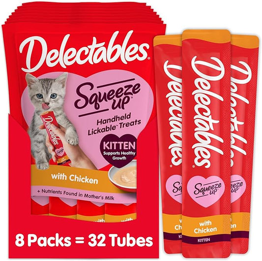Hartz Delectables Squeeze Up Kitten Creamy Squeezable Puree, Lickable Wet Cat Treats, Grain Free, No Added Fillers, No by-Products, No Added Preservatives, 0.5 Ounces Tube Chicken, 32 Tubes Total