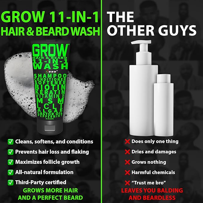 Beard Growth Kit w/GROW XXL Beard Serum for Maximum Facial Hair & Conditioner + GROW 11-in-1 Mens Shampoo & Conditioner (Hair Growth Shampoo for Men w/Biotin) - Formulated in America
