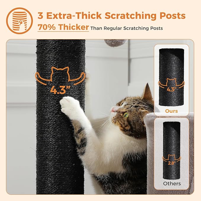 Heavy Duty Cat Tree for Indoor Cats Adult, 45-Inch Cat Tower with Sisal Scratching Ramp, 2 Cat Condo for Extra Large Cats, Big Top Perch, 3 Thick Black Scratching Posts (φ4.3) -Gray