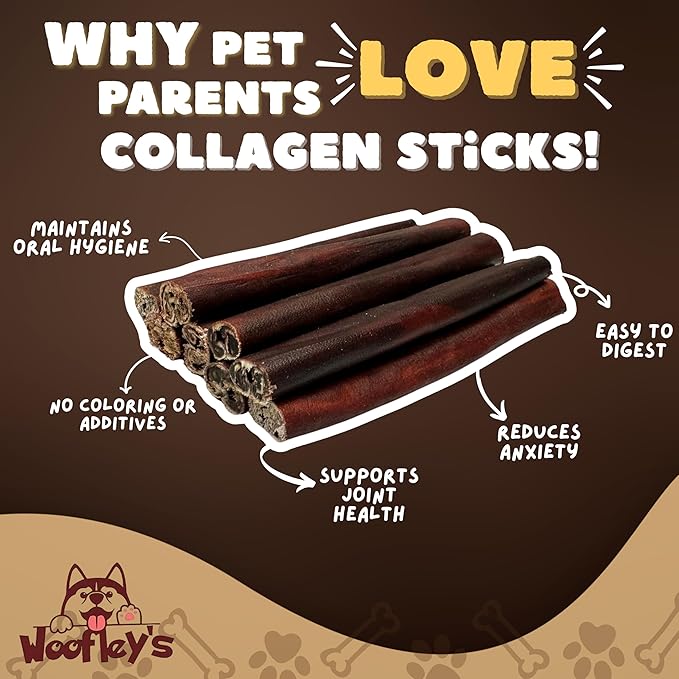 Woofley's 6 Inch Collagen Sticks for Dogs - (100 Count) Bully Stick Rawhide Alternative Dog Chews No Hide Bones for Medium & Large Dogs