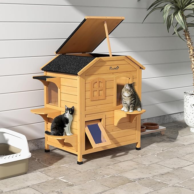 PawHut 2-Story Cat House Outdoor, Weatherproof Wooden Cat Enclosure for Feral Cats with Escape Door, Openable Roof, Jumping Platforms, Natural