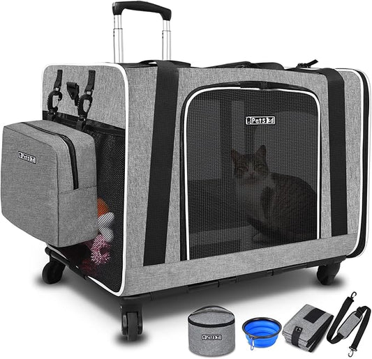Petskd Extra Large Cat Carrier with Wheels and Litter Box 24"x17"x17" for Large Cat or 2 Small Cats, Collapsible Soft Sided Pet Carrier for Car Travel with Lockable Safety Zippers(Grey)